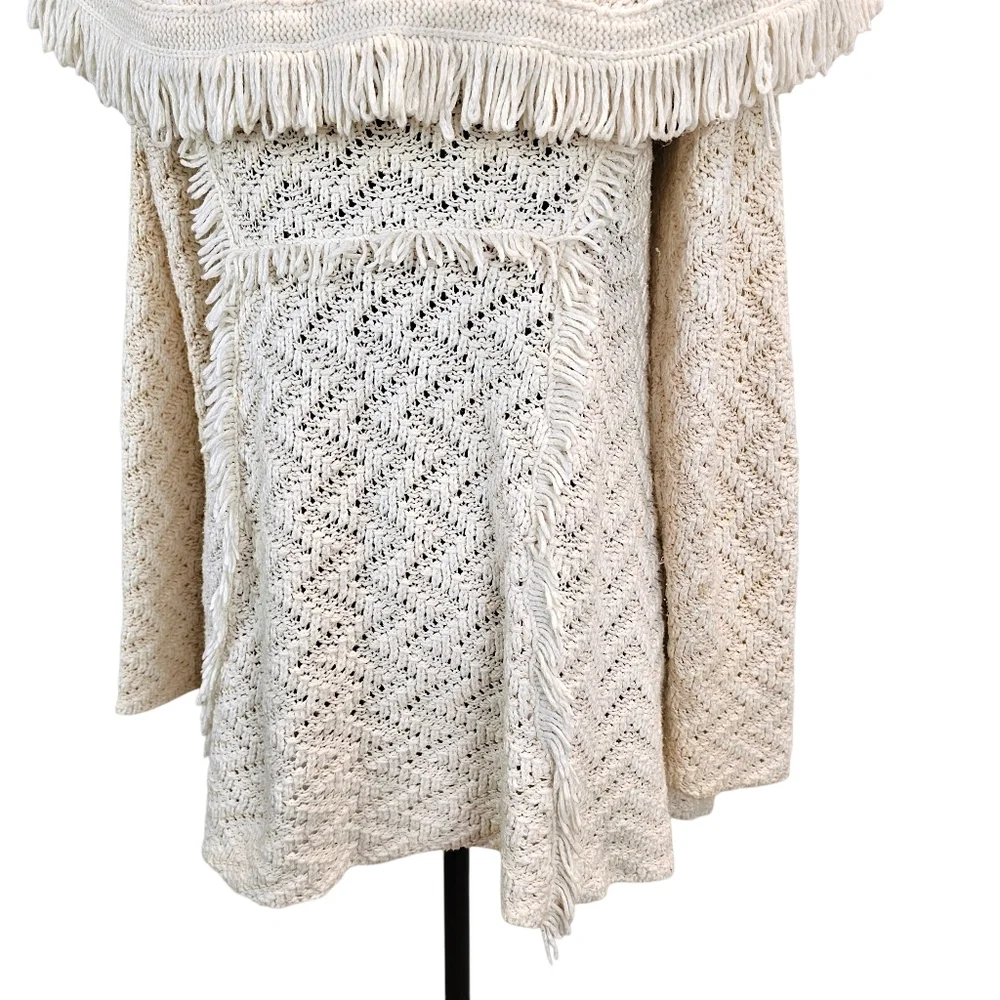 Angel of the North Fringe Cardigan Ivory Knit Boho Chevron Open Front Sweater M